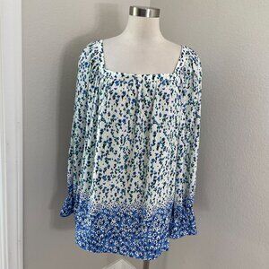Talbots Womens Plus 3X Floral Blue White Square Neck Long Sleeve Blouse Shirt